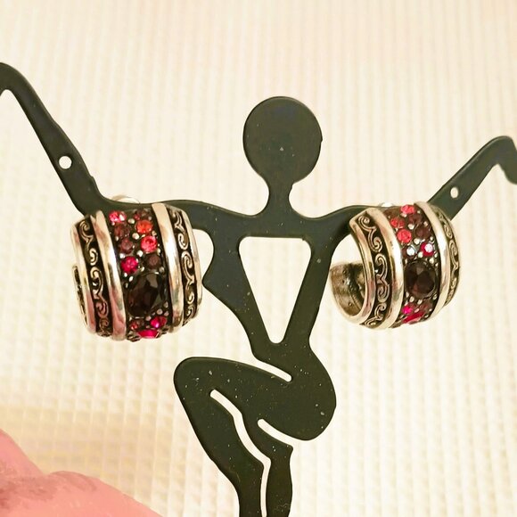 Jewelry - Wide Red Crystal Hoop Earrings Women's Silver Tone Scroll Post Jewelry